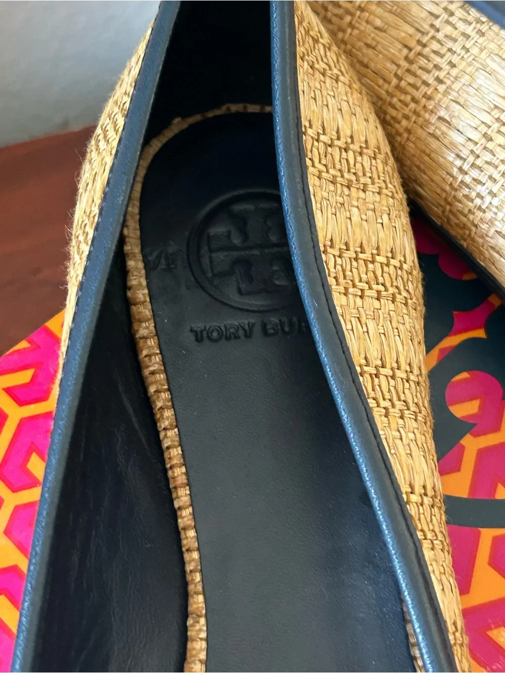Tory Burch Natural Straw Flats with Black Trim & Gold Logo